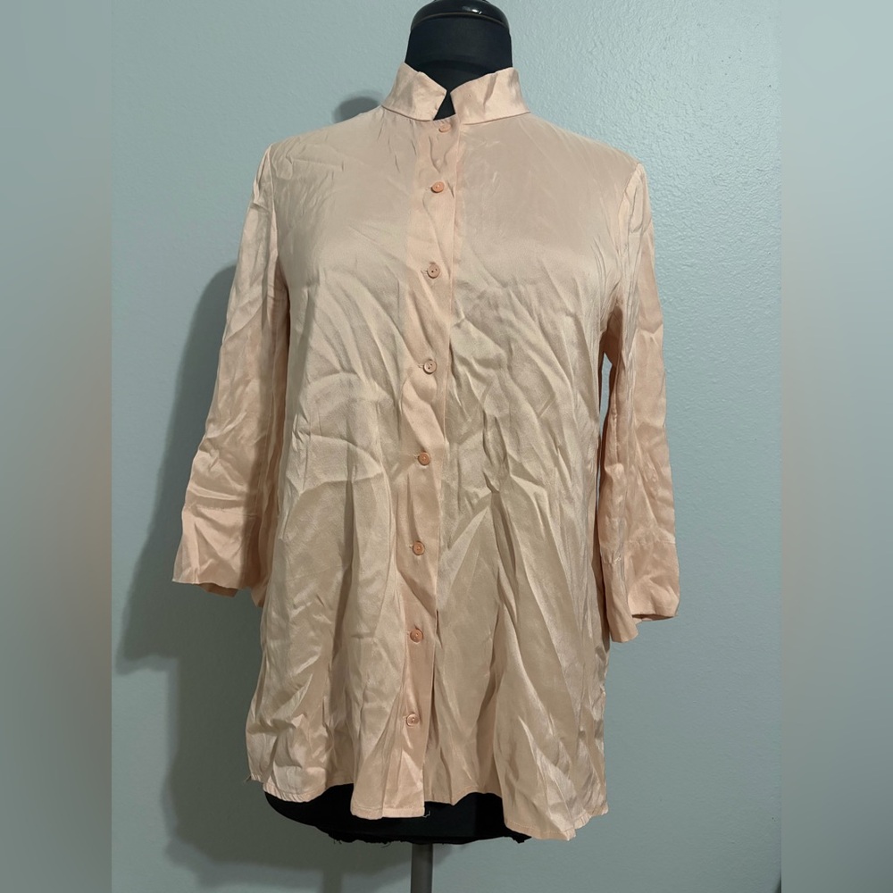 Eileen Fisher Peach Button-Front Mandarin Collar Top